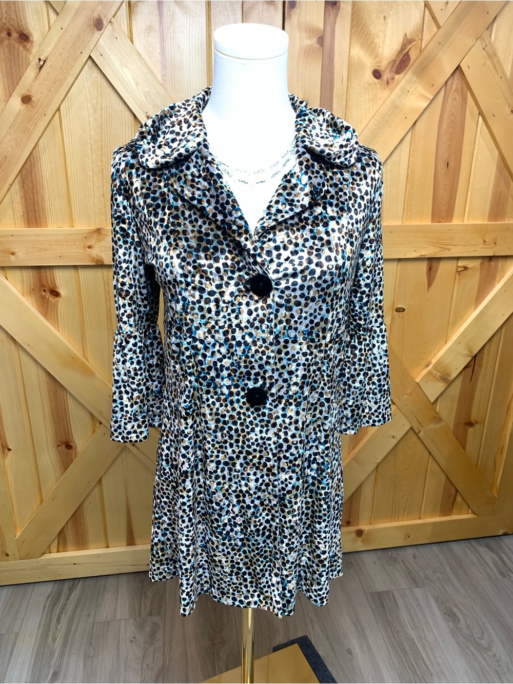 Andria Lieu Velour Leopard Print Lagenlook S Button Tunic Y2K Wild USA Made Boho